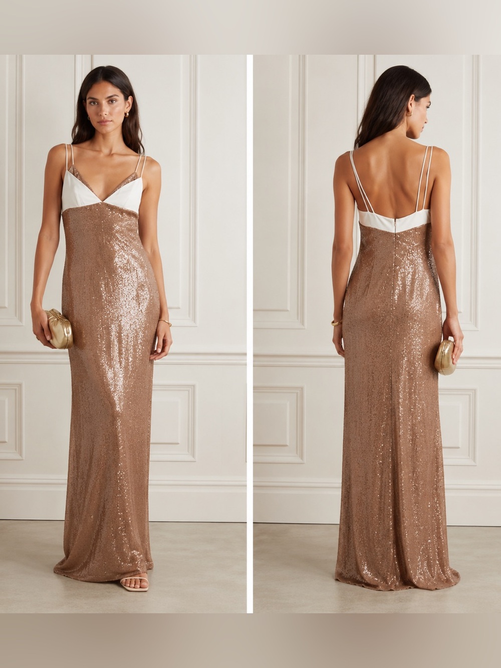 Lovers + Friends Small Nude Sequin Maxi Dress in Tan and White